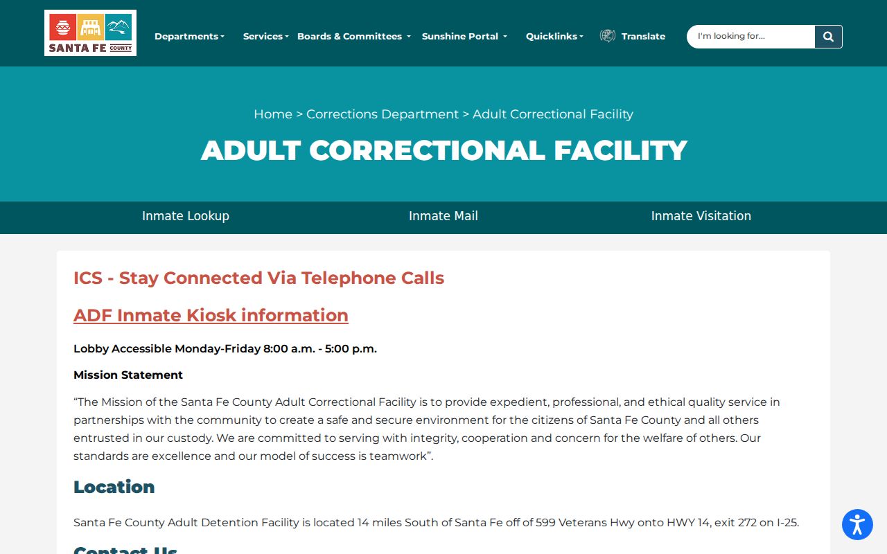 Santa Fe County arrest booking contacts on the Adult Detention Facility page