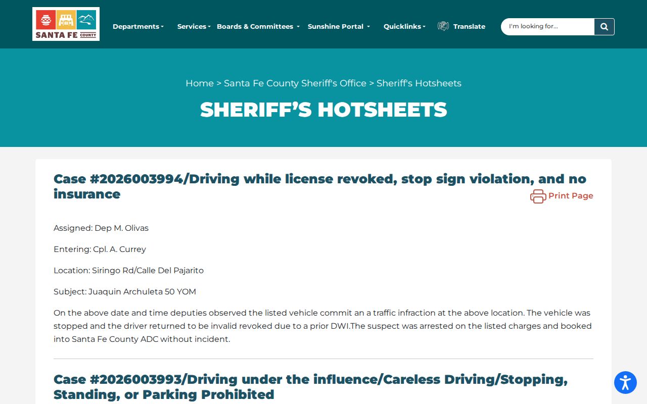 Santa Fe County arrest Hotsheets on the official Sheriff site