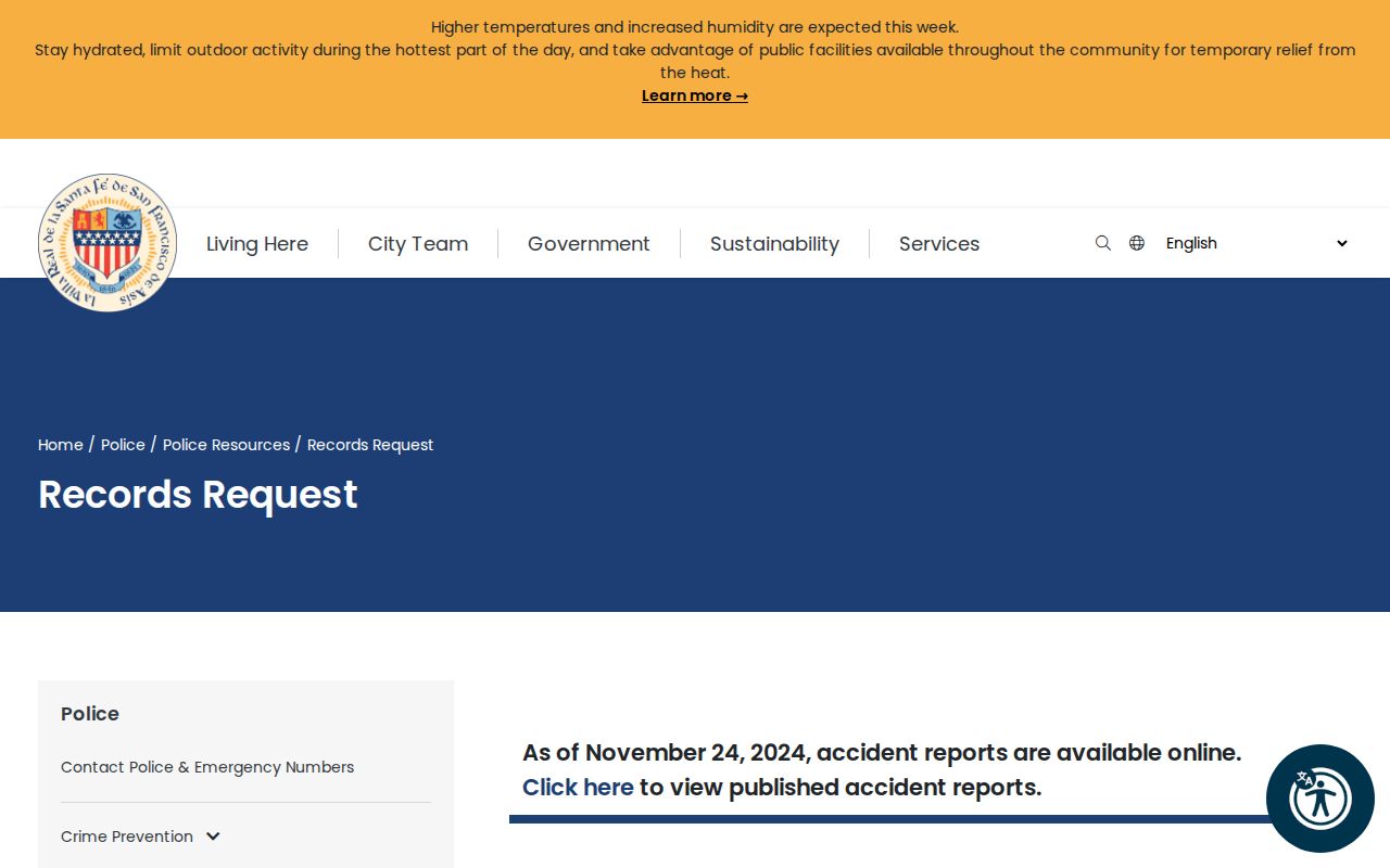 Santa Fe County criminal records request page for city police reports